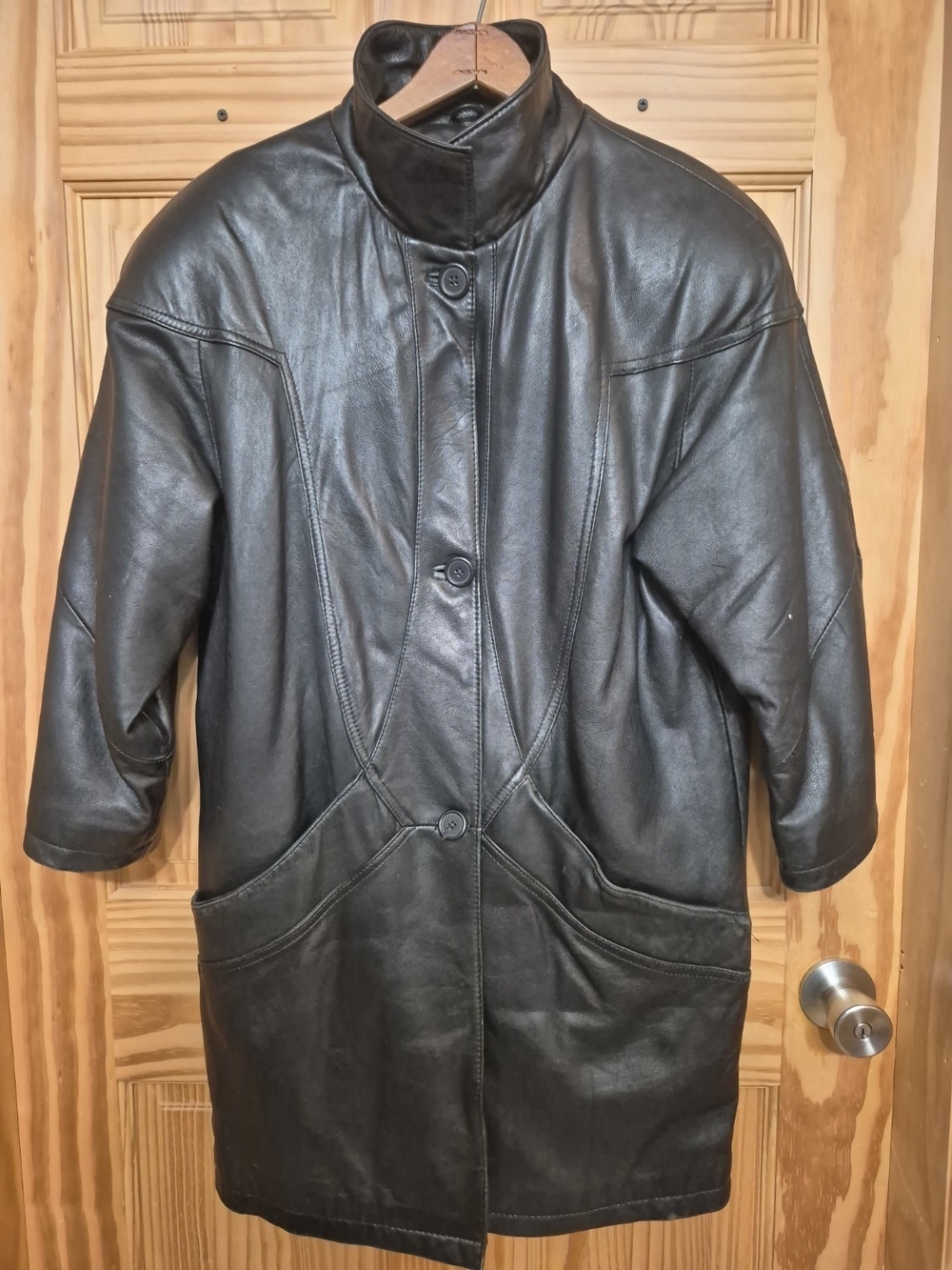 Women's Black Leather Button-Front Coat